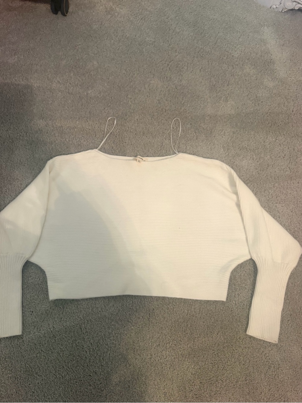 Off-the-Shoulder Ribbed Crop Sweater in Cream